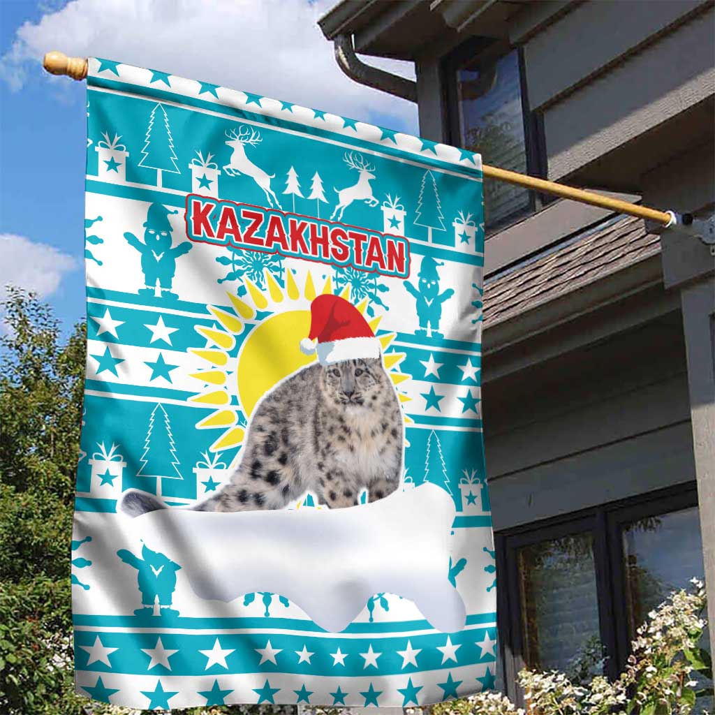 Kazakhstan Christmas Garden Flag with Snow Leopard in Santa Hat Blue and Yellow Reindeer Snowflake - Wonder Print Shop