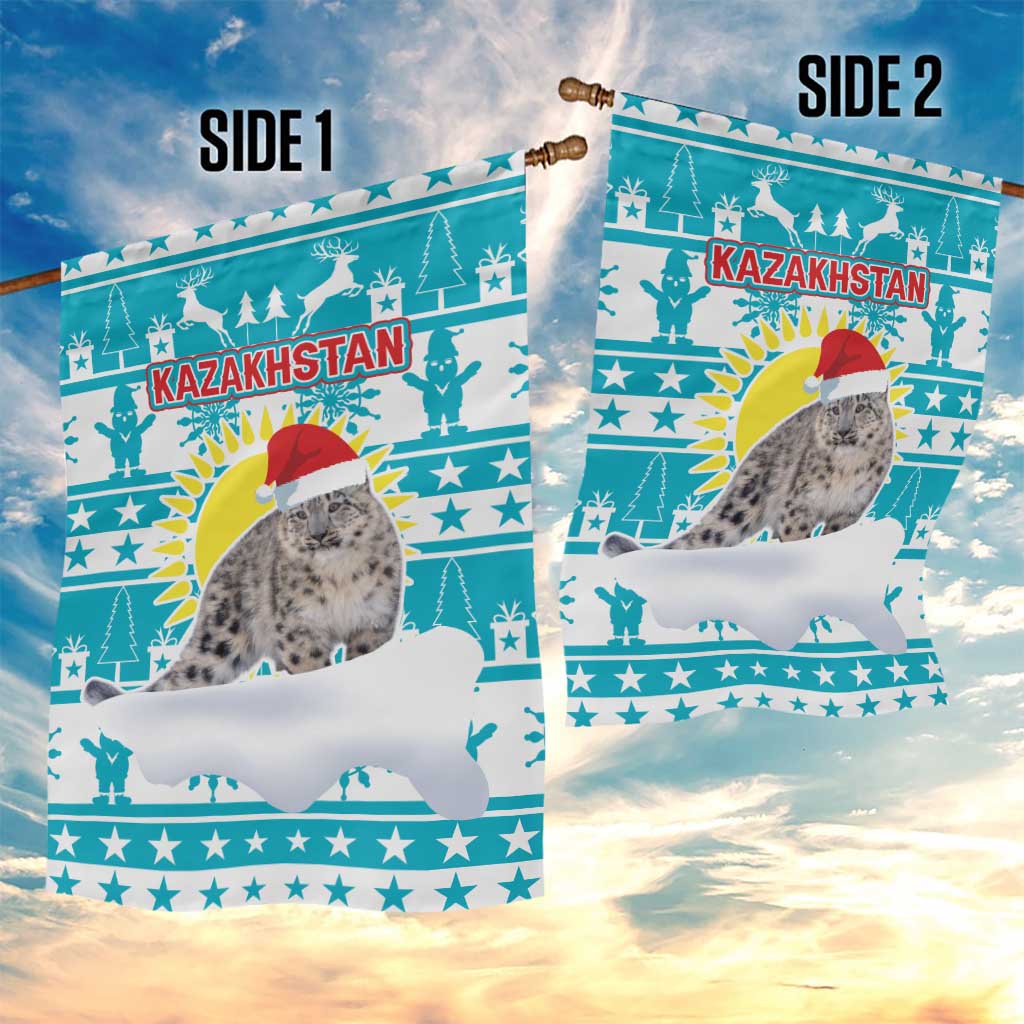 Kazakhstan Christmas Garden Flag with Snow Leopard in Santa Hat Blue and Yellow Reindeer Snowflake - Wonder Print Shop