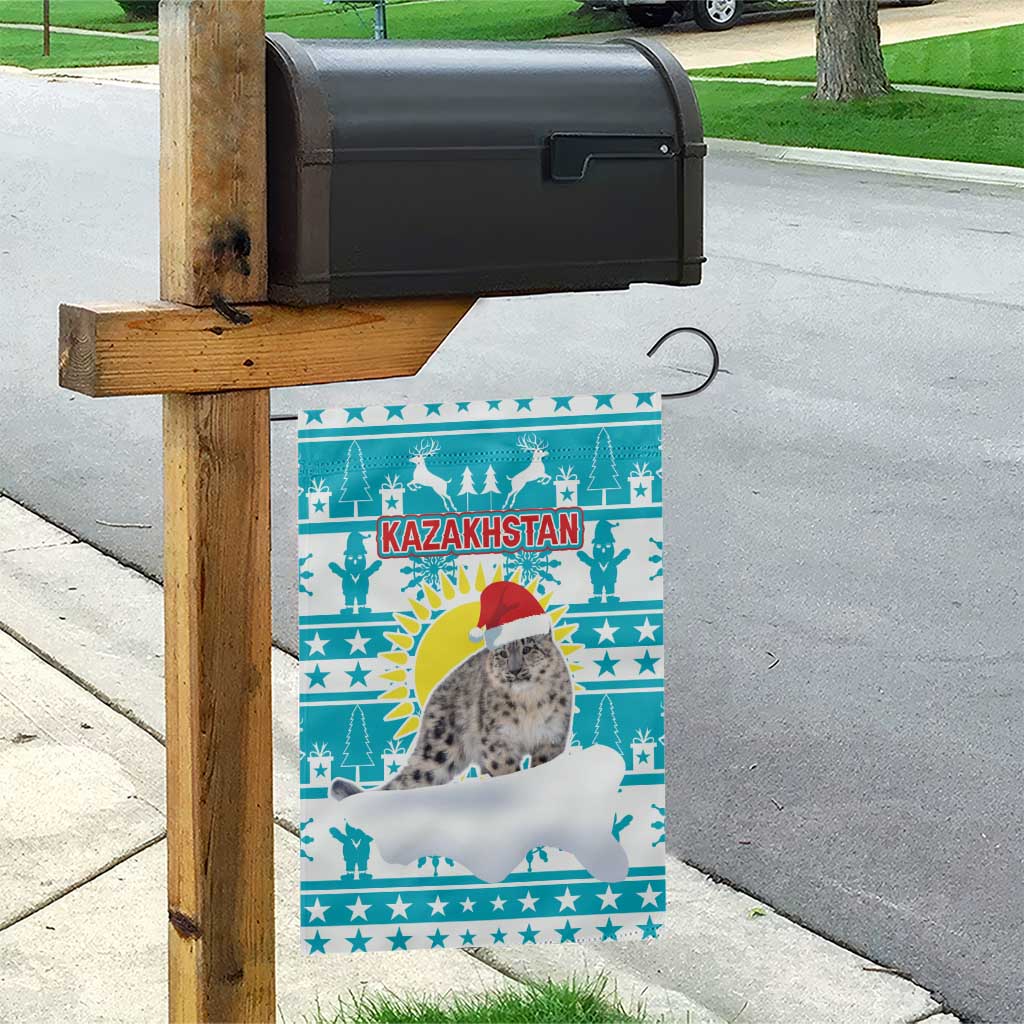 Kazakhstan Christmas Garden Flag with Snow Leopard in Santa Hat Blue and Yellow Reindeer Snowflake - Wonder Print Shop