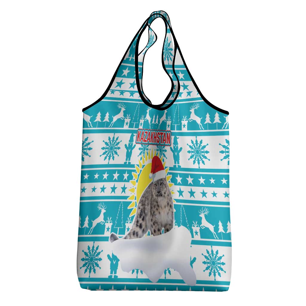 Kazakhstan Christmas Grocery Bag with Snow Leopard in Santa Hat Blue and Yellow Reindeer Snowflake - Wonder Print Shop
