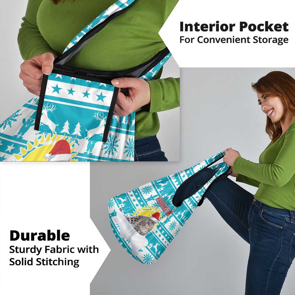 Kazakhstan Christmas Grocery Bag with Snow Leopard in Santa Hat Blue and Yellow Reindeer Snowflake - Wonder Print Shop