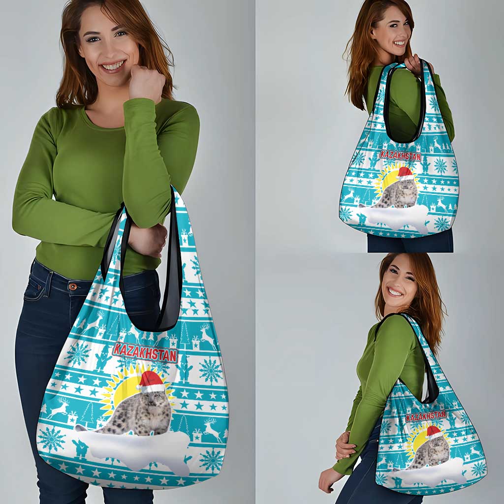 Kazakhstan Christmas Grocery Bag with Snow Leopard in Santa Hat Blue and Yellow Reindeer Snowflake - Wonder Print Shop