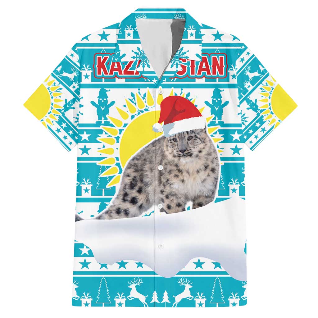 Kazakhstan Christmas Hawaiian Shirt with Snow Leopard in Santa Hat Blue and Yellow Reindeer Snowflake - Wonder Print Shop