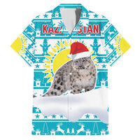 Kazakhstan Christmas Hawaiian Shirt with Snow Leopard in Santa Hat Blue and Yellow Reindeer Snowflake - Wonder Print Shop