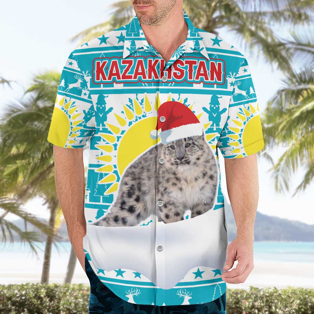 Kazakhstan Christmas Hawaiian Shirt with Snow Leopard in Santa Hat Blue and Yellow Reindeer Snowflake - Wonder Print Shop