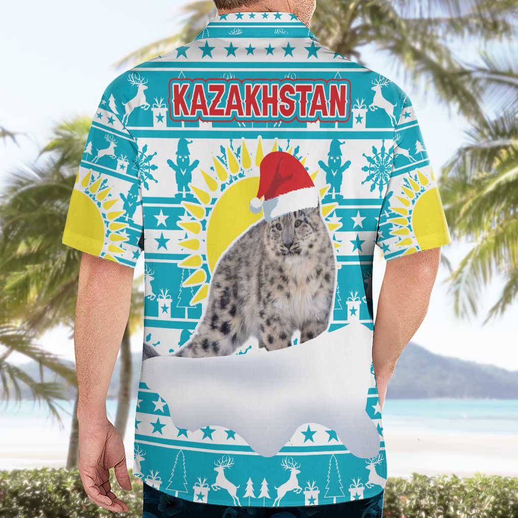 Kazakhstan Christmas Hawaiian Shirt with Snow Leopard in Santa Hat Blue and Yellow Reindeer Snowflake - Wonder Print Shop
