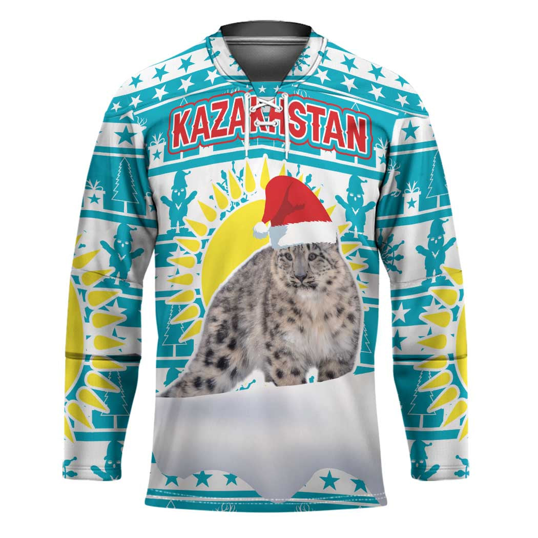 Kazakhstan Christmas Hockey Jersey with Snow Leopard in Santa Hat Blue and Yellow Reindeer Snowflake - Wonder Print Shop