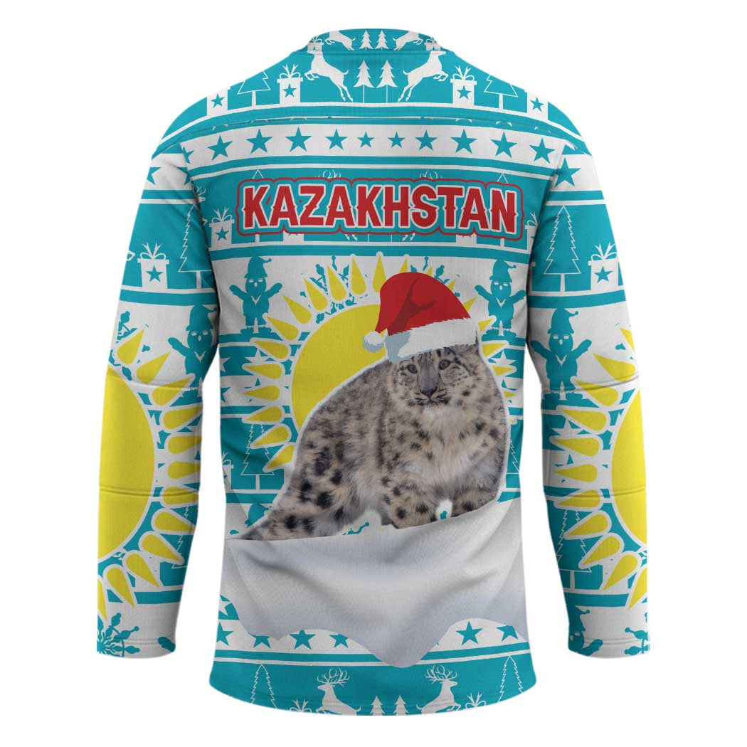 Kazakhstan Christmas Hockey Jersey with Snow Leopard in Santa Hat Blue and Yellow Reindeer Snowflake - Wonder Print Shop