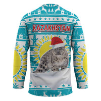 Kazakhstan Christmas Hockey Jersey with Snow Leopard in Santa Hat Blue and Yellow Reindeer Snowflake - Wonder Print Shop