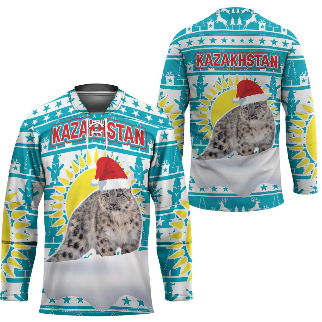 Kazakhstan Christmas Hockey Jersey with Snow Leopard in Santa Hat Blue and Yellow Reindeer Snowflake - Wonder Print Shop