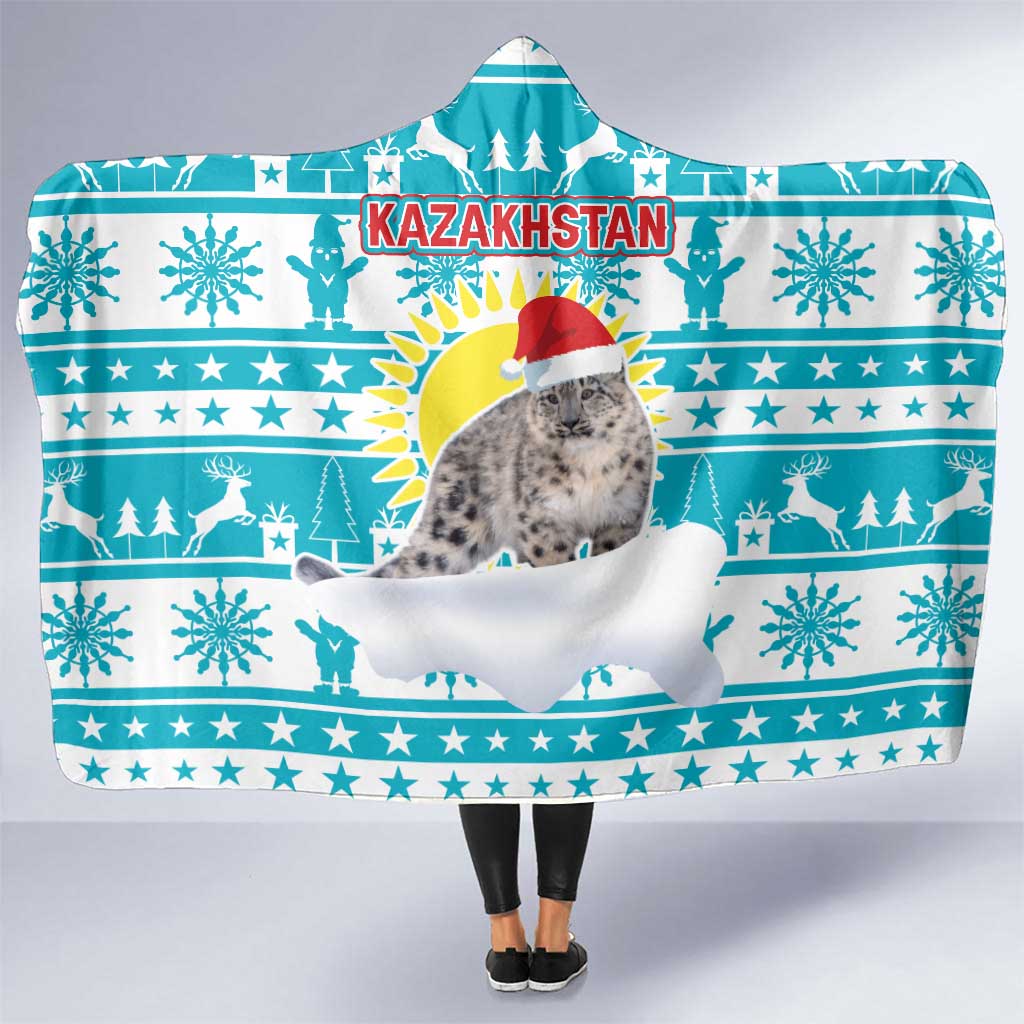 Kazakhstan Christmas Hooded Blanket with Snow Leopard in Santa Hat Blue and Yellow Reindeer Snowflake - Wonder Print Shop