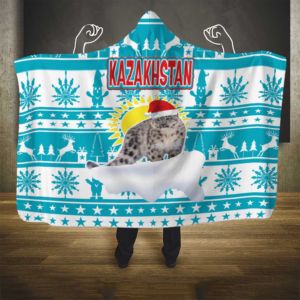 Kazakhstan Christmas Hooded Blanket with Snow Leopard in Santa Hat Blue and Yellow Reindeer Snowflake - Wonder Print Shop