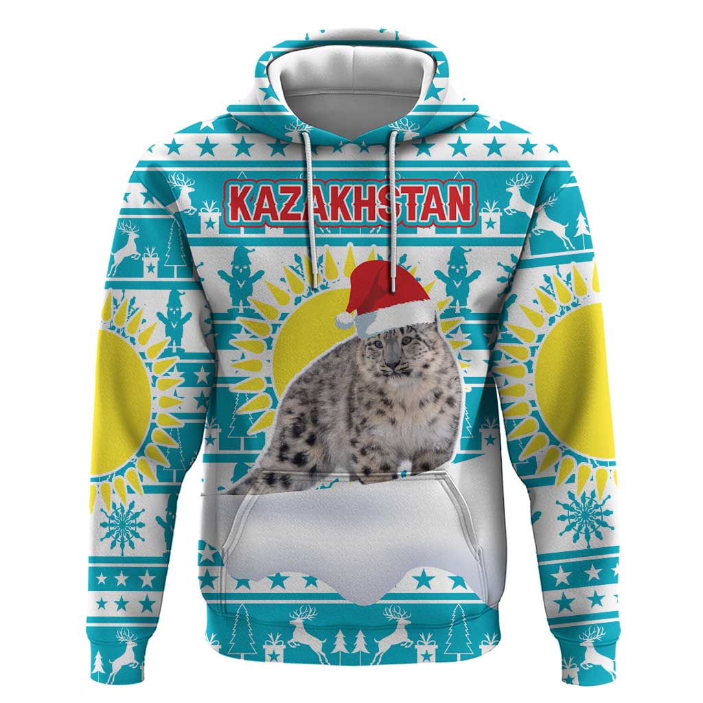 Kazakhstan Christmas Hoodie with Snow Leopard in Santa Hat Blue and Yellow Reindeer Snowflake - Wonder Print Shop