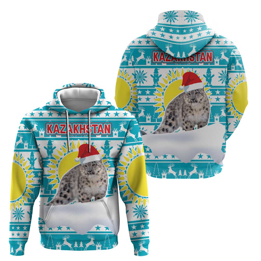 Kazakhstan Christmas Hoodie with Snow Leopard in Santa Hat Blue and Yellow Reindeer Snowflake - Wonder Print Shop