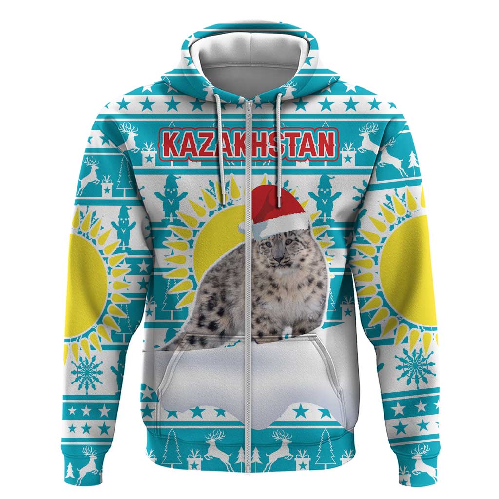Kazakhstan Christmas Hoodie with Snow Leopard in Santa Hat Blue and Yellow Reindeer Snowflake - Wonder Print Shop