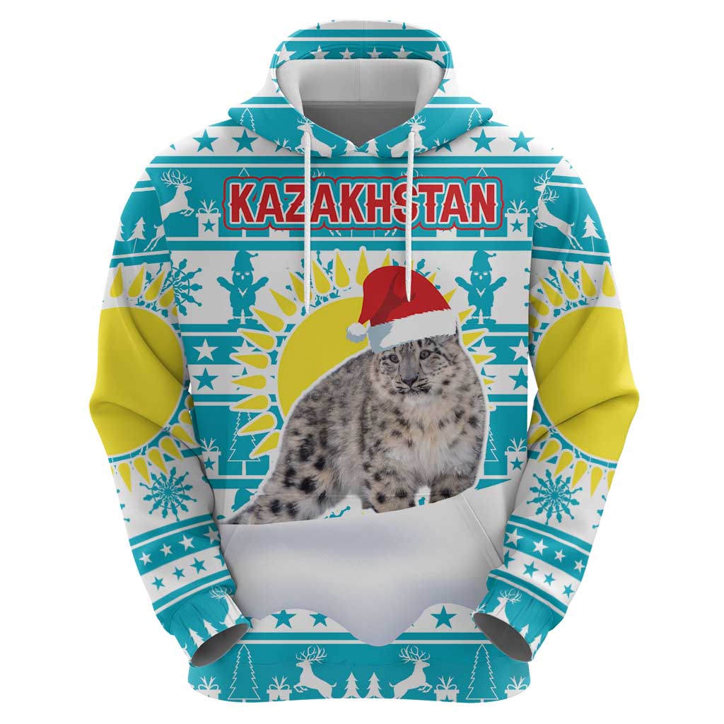 Kazakhstan Christmas Hoodie with Snow Leopard in Santa Hat Blue and Yellow Reindeer Snowflake - Wonder Print Shop