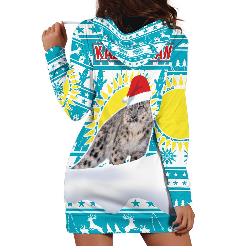 Kazakhstan Christmas Hoodie Dress with Snow Leopard in Santa Hat Blue and Yellow Reindeer Snowflake - Wonder Print Shop