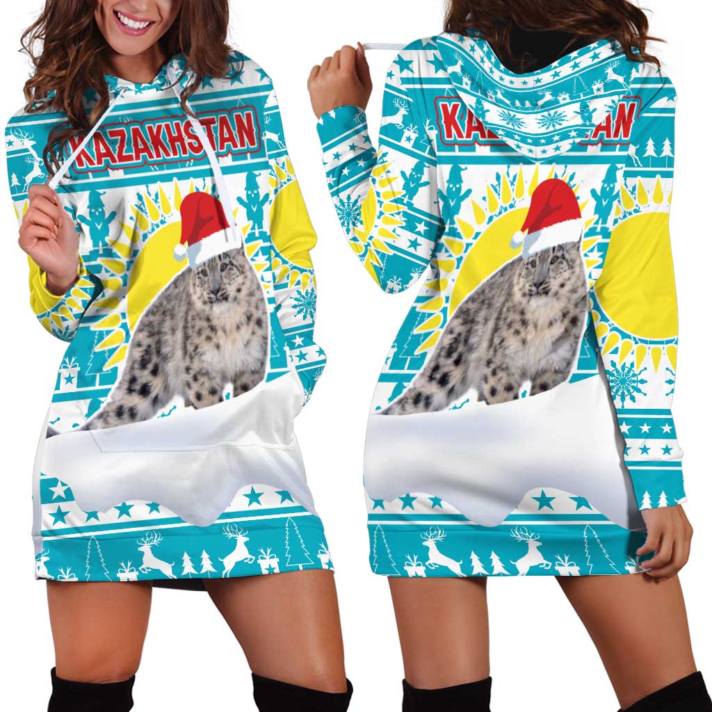 Kazakhstan Christmas Hoodie Dress with Snow Leopard in Santa Hat Blue and Yellow Reindeer Snowflake - Wonder Print Shop