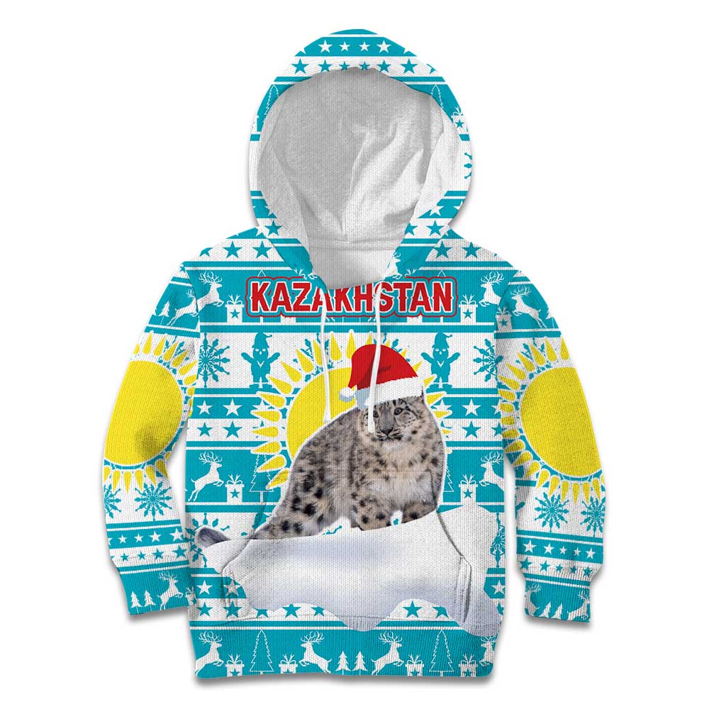 Kazakhstan Christmas Kid Hoodie with Snow Leopard in Santa Hat Blue and Yellow Reindeer Snowflake - Wonder Print Shop
