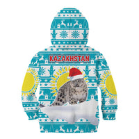 Kazakhstan Christmas Kid Hoodie with Snow Leopard in Santa Hat Blue and Yellow Reindeer Snowflake - Wonder Print Shop