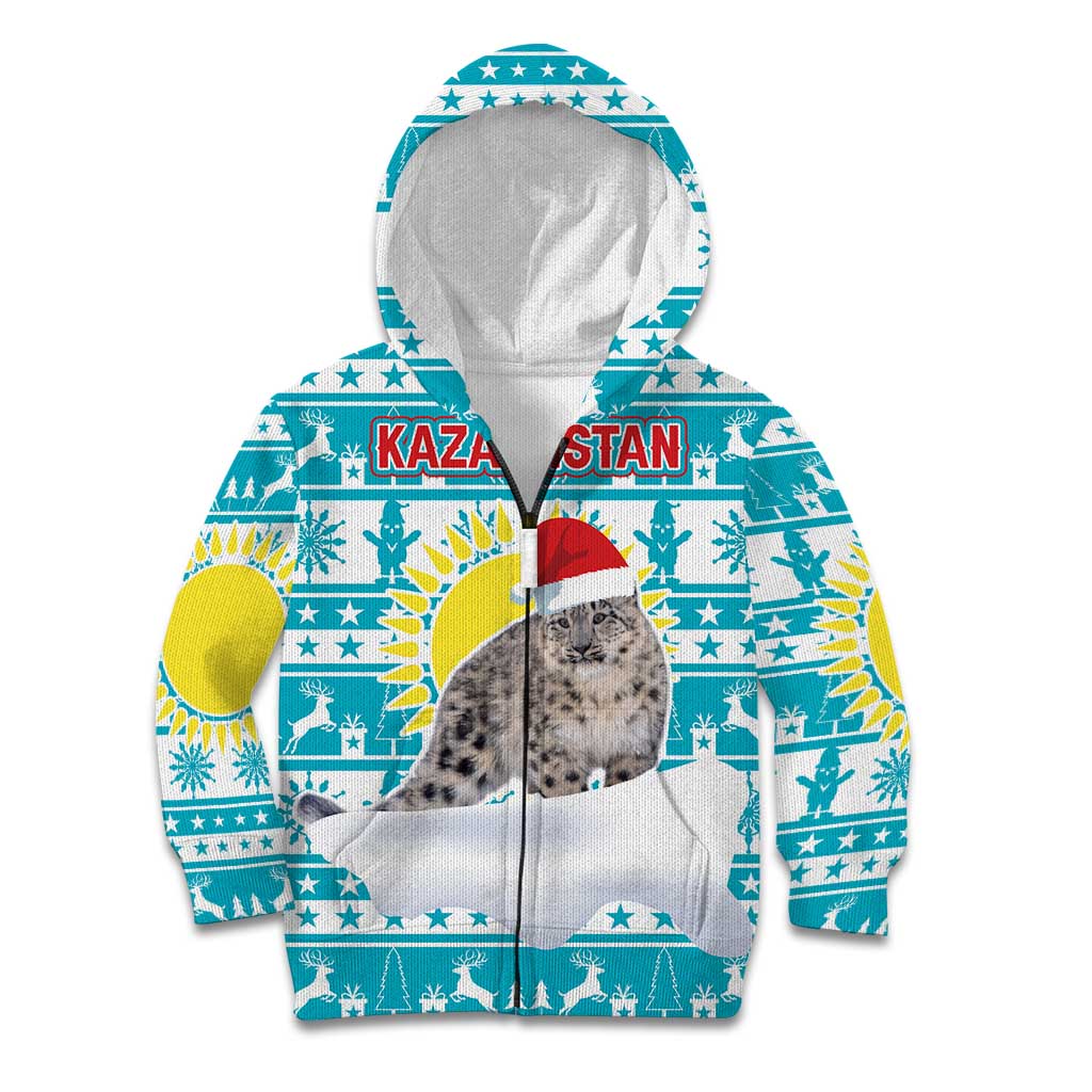 Kazakhstan Christmas Kid Hoodie with Snow Leopard in Santa Hat Blue and Yellow Reindeer Snowflake - Wonder Print Shop
