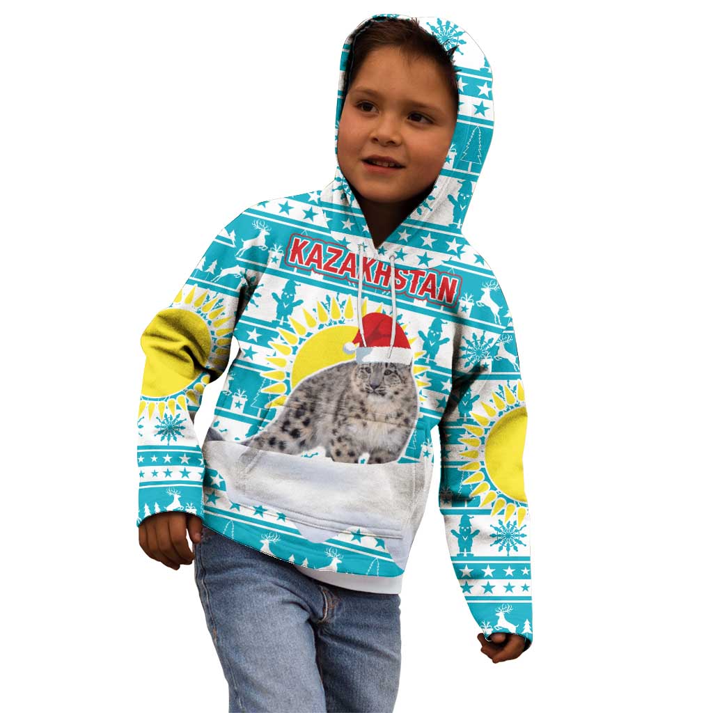 Kazakhstan Christmas Kid Hoodie with Snow Leopard in Santa Hat Blue and Yellow Reindeer Snowflake - Wonder Print Shop