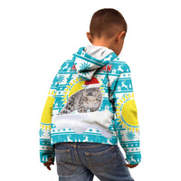 Kazakhstan Christmas Kid Hoodie with Snow Leopard in Santa Hat Blue and Yellow Reindeer Snowflake - Wonder Print Shop