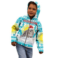 Kazakhstan Christmas Kid Hoodie with Snow Leopard in Santa Hat Blue and Yellow Reindeer Snowflake - Wonder Print Shop