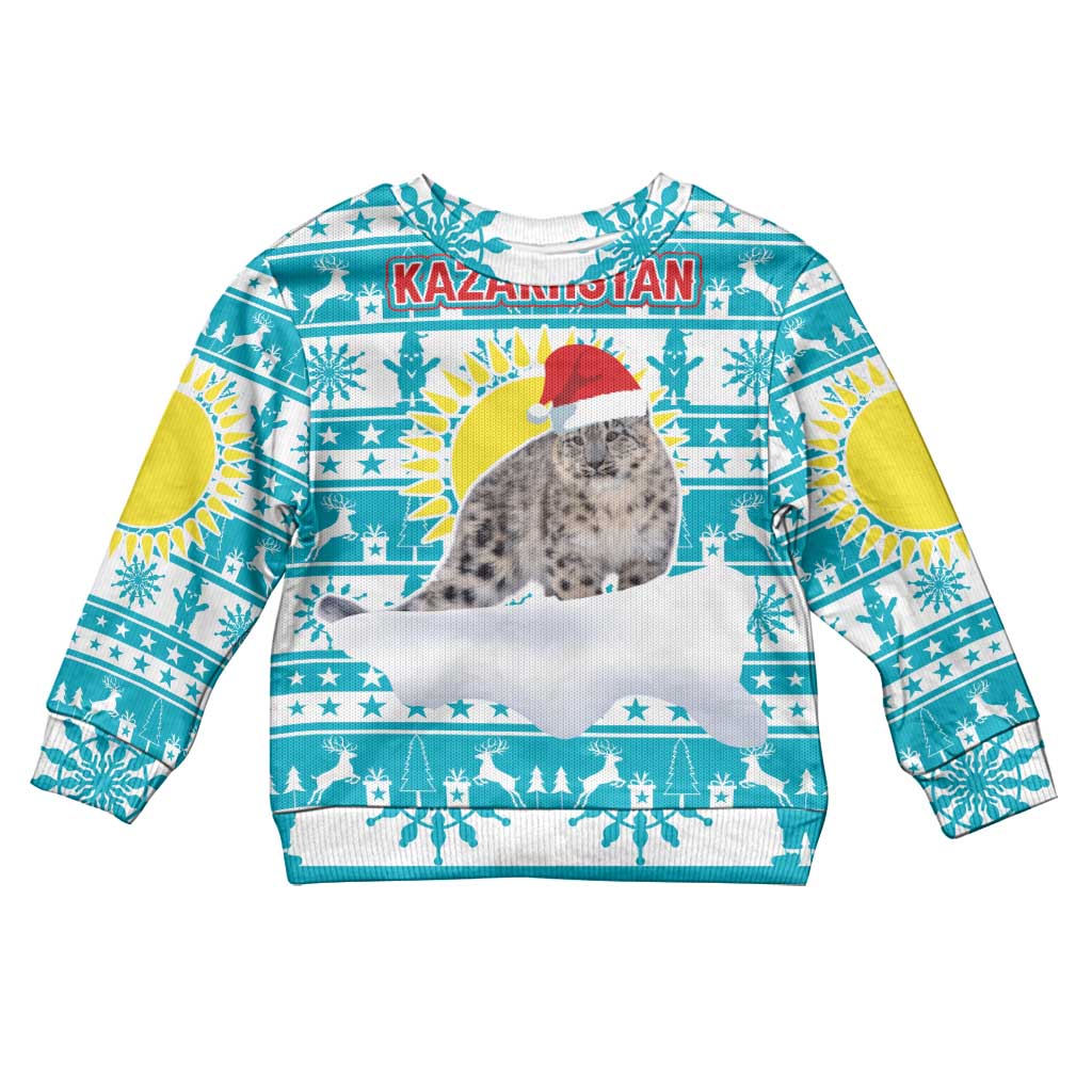 Kazakhstan Christmas Kid Ugly Christmas Sweater with Snow Leopard in Santa Hat Blue and Yellow Reindeer Snowflake - Wonder Print Shop