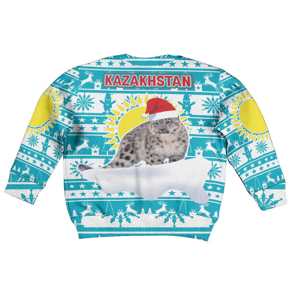 Kazakhstan Christmas Kid Ugly Christmas Sweater with Snow Leopard in Santa Hat Blue and Yellow Reindeer Snowflake - Wonder Print Shop