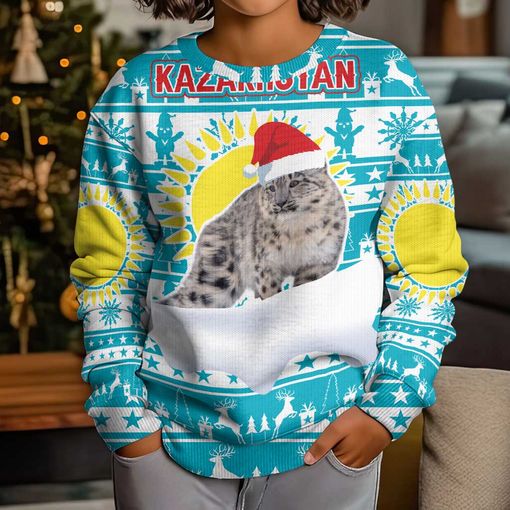 Kazakhstan Christmas Kid Ugly Christmas Sweater with Snow Leopard in Santa Hat Blue and Yellow Reindeer Snowflake - Wonder Print Shop