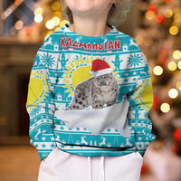 Kazakhstan Christmas Kid Ugly Christmas Sweater with Snow Leopard in Santa Hat Blue and Yellow Reindeer Snowflake - Wonder Print Shop