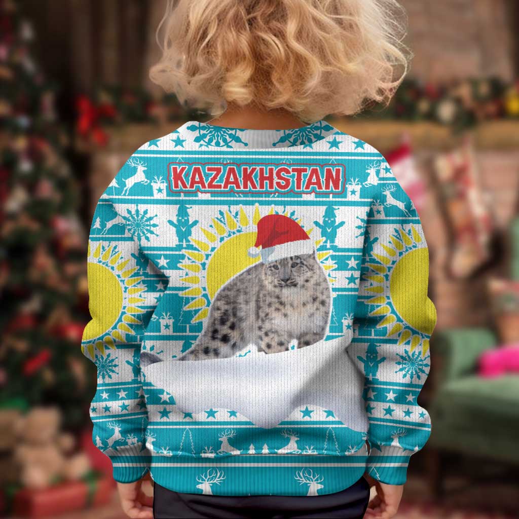 Kazakhstan Christmas Kid Ugly Christmas Sweater with Snow Leopard in Santa Hat Blue and Yellow Reindeer Snowflake - Wonder Print Shop