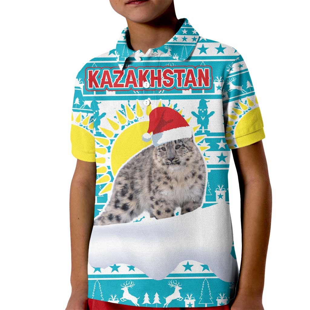 Kazakhstan Christmas Kid Polo Shirt with Snow Leopard in Santa Hat Blue and Yellow Reindeer Snowflake - Wonder Print Shop