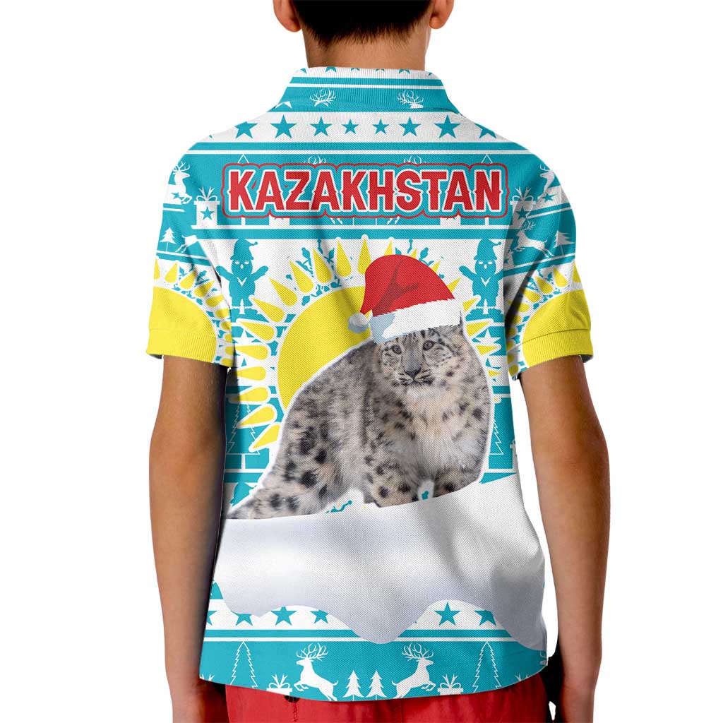 Kazakhstan Christmas Kid Polo Shirt with Snow Leopard in Santa Hat Blue and Yellow Reindeer Snowflake - Wonder Print Shop