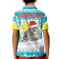 Kazakhstan Christmas Kid Polo Shirt with Snow Leopard in Santa Hat Blue and Yellow Reindeer Snowflake - Wonder Print Shop
