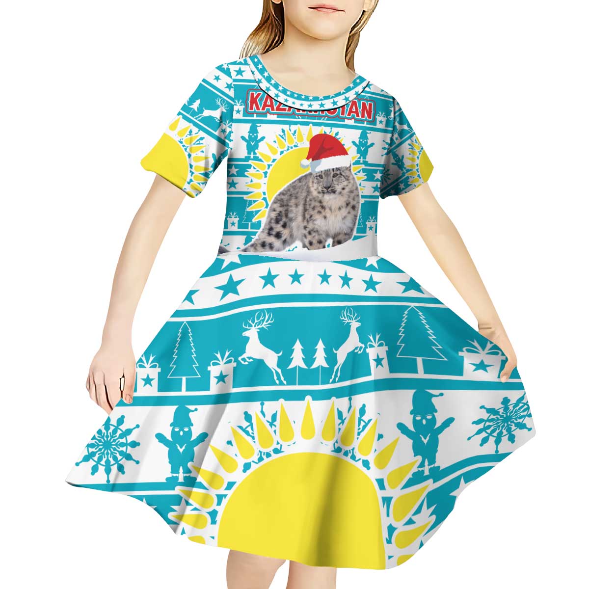 Kazakhstan Christmas Kid Short Sleeve Dress with Snow Leopard in Santa Hat Blue and Yellow Reindeer Snowflake - Wonder Print Shop