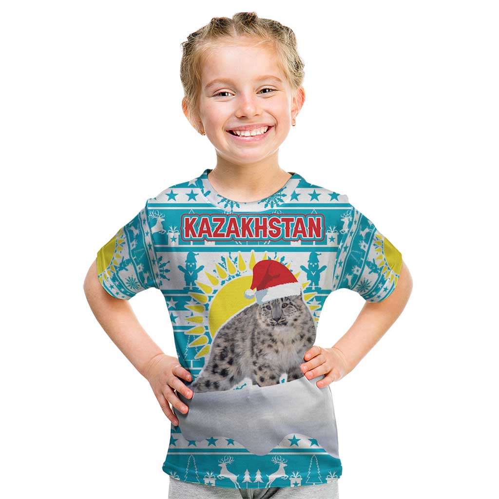 Kazakhstan Christmas Kid T Shirt with Snow Leopard in Santa Hat Blue and Yellow Reindeer Snowflake - Wonder Print Shop