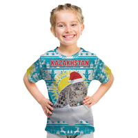 Kazakhstan Christmas Kid T Shirt with Snow Leopard in Santa Hat Blue and Yellow Reindeer Snowflake - Wonder Print Shop