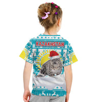 Kazakhstan Christmas Kid T Shirt with Snow Leopard in Santa Hat Blue and Yellow Reindeer Snowflake - Wonder Print Shop