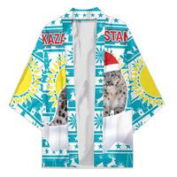 Kazakhstan Christmas Kimono with Snow Leopard in Santa Hat Blue and Yellow Reindeer Snowflake - Wonder Print Shop