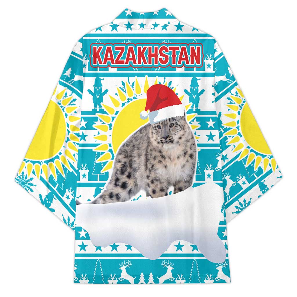 Kazakhstan Christmas Kimono with Snow Leopard in Santa Hat Blue and Yellow Reindeer Snowflake - Wonder Print Shop