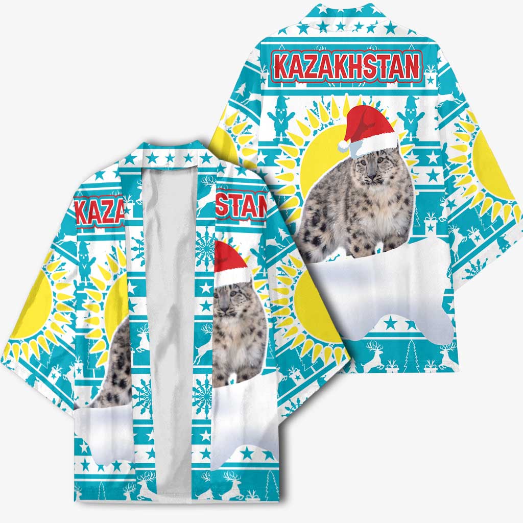 Kazakhstan Christmas Kimono with Snow Leopard in Santa Hat Blue and Yellow Reindeer Snowflake - Wonder Print Shop