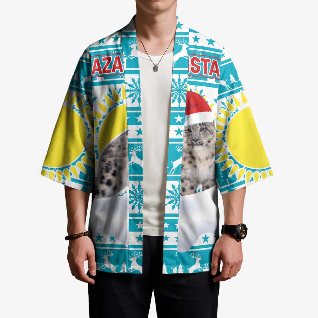 Kazakhstan Christmas Kimono with Snow Leopard in Santa Hat Blue and Yellow Reindeer Snowflake - Wonder Print Shop