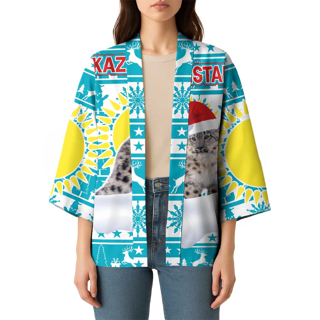 Kazakhstan Christmas Kimono with Snow Leopard in Santa Hat Blue and Yellow Reindeer Snowflake - Wonder Print Shop