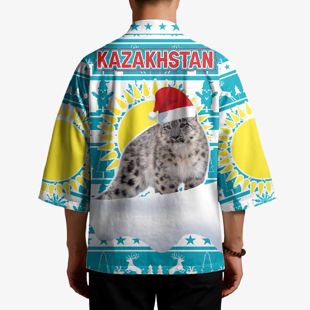 Kazakhstan Christmas Kimono with Snow Leopard in Santa Hat Blue and Yellow Reindeer Snowflake - Wonder Print Shop