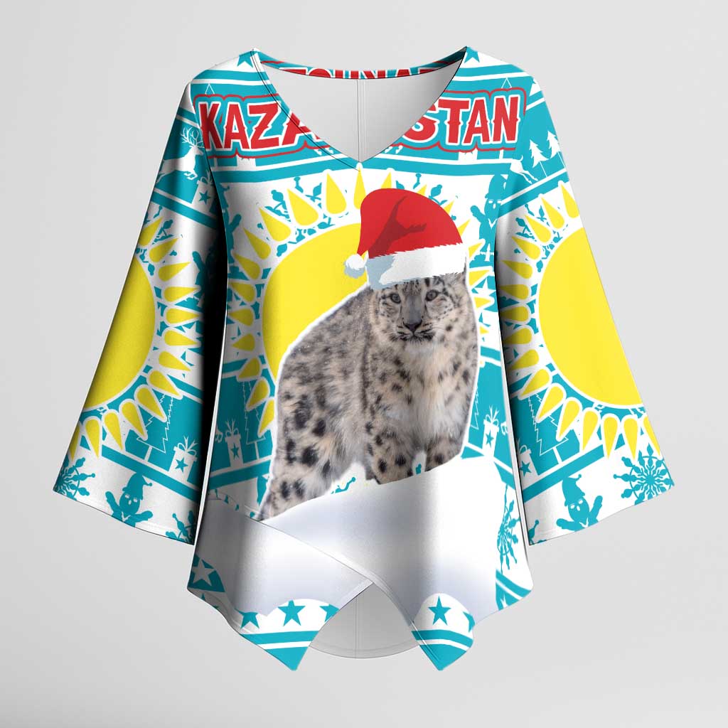 Kazakhstan Christmas Kimono Sleeve Blouse with Snow Leopard in Santa Hat Blue and Yellow Reindeer Snowflake - Wonder Print Shop