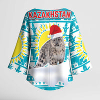 Kazakhstan Christmas Kimono Sleeve Blouse with Snow Leopard in Santa Hat Blue and Yellow Reindeer Snowflake - Wonder Print Shop