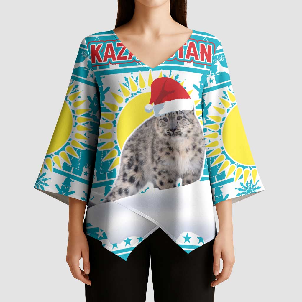 Kazakhstan Christmas Kimono Sleeve Blouse with Snow Leopard in Santa Hat Blue and Yellow Reindeer Snowflake - Wonder Print Shop