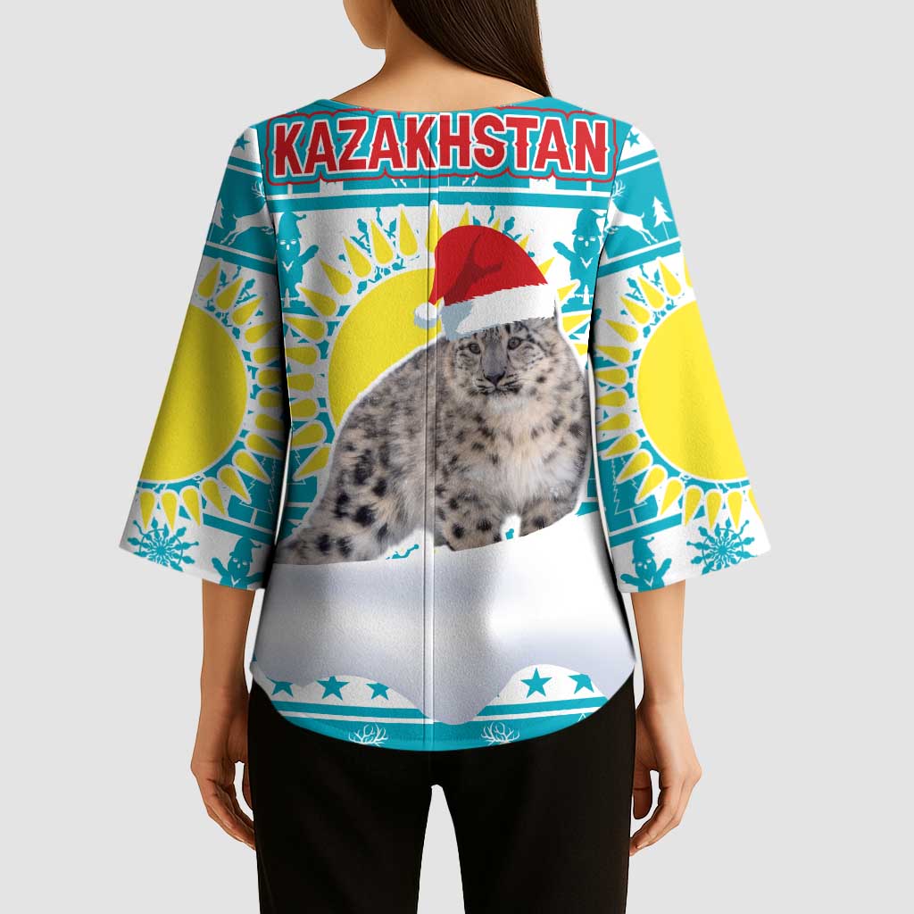 Kazakhstan Christmas Kimono Sleeve Blouse with Snow Leopard in Santa Hat Blue and Yellow Reindeer Snowflake - Wonder Print Shop